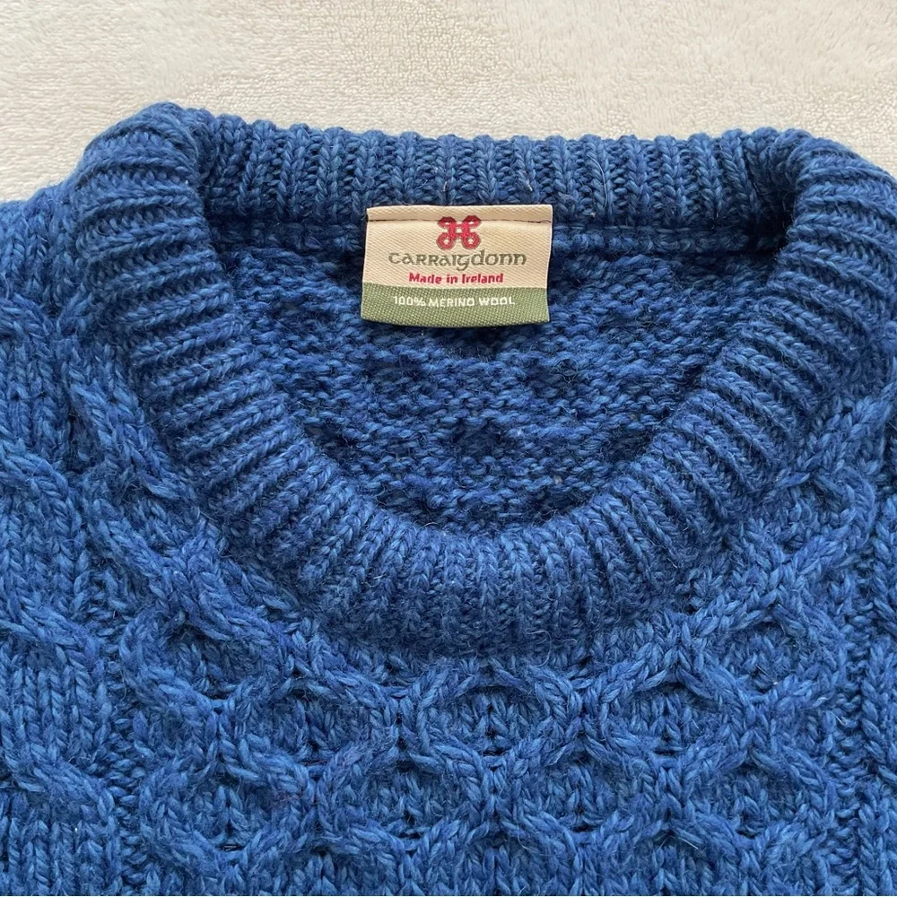 Carraigdonn Merino Wool Irish Crewneck Aran Fisherman’s Cable Knit Sweater - Picture 4 of 11